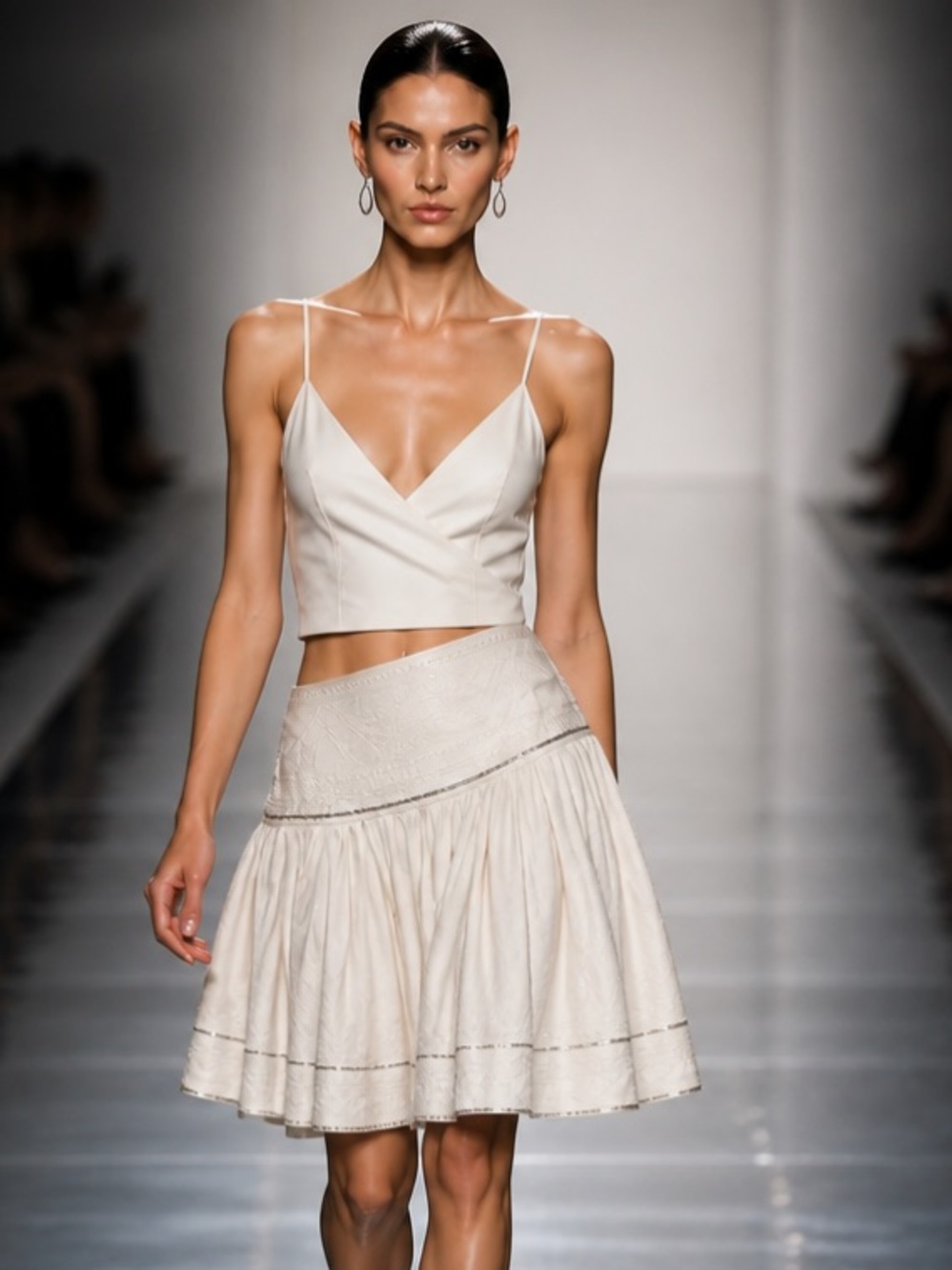 RALPH LAUREN Skirt Metallic Corded Dirndl Gathered Full White Structured Drop